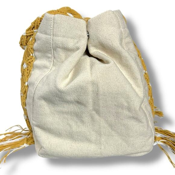 Free People Bohemian Retro 70s Mia Canvas Macrame Strap Tote Bag NWT XL Fringe